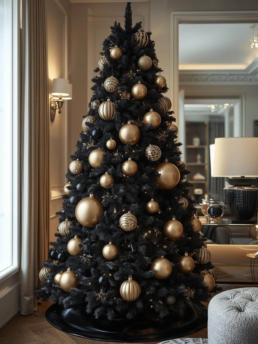 A black Christmas tree decorated with gold ornaments stands in a stylish, modern living room with large windows, neutral walls, and elegant furnishings.