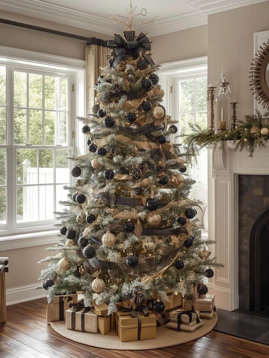 A Christmas tree decorated with black and gold ornaments and ribbon stands by a bright window. Gold-wrapped gifts are arranged underneath, and a mantel with greenery is seen beside the tree.