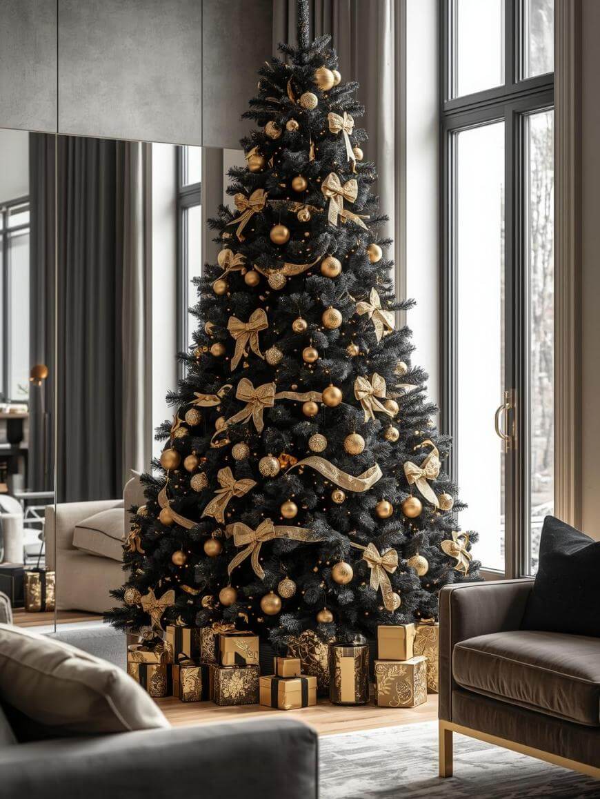 A tall, black Christmas tree decorated with gold bows, ribbons, and ornaments stands by large windows. Gold-wrapped presents are stacked underneath. The room has modern furniture and neutral tones.