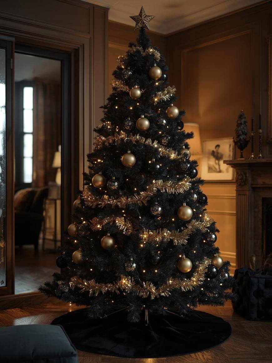A Christmas tree decorated with gold ornaments, gold tinsel, and warm white lights stands in a cozy, elegantly furnished room with paneled walls and a fireplace. A star tops the tree and presents are not visible.