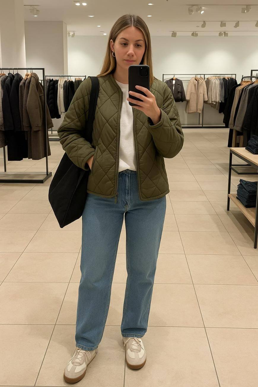 A woman stands in a clothing store, taking a mirror selfie. She wears a green quilted jacket, blue jeans, white sneakers, and carries a black tote bag. Racks of clothes are visible in the background.