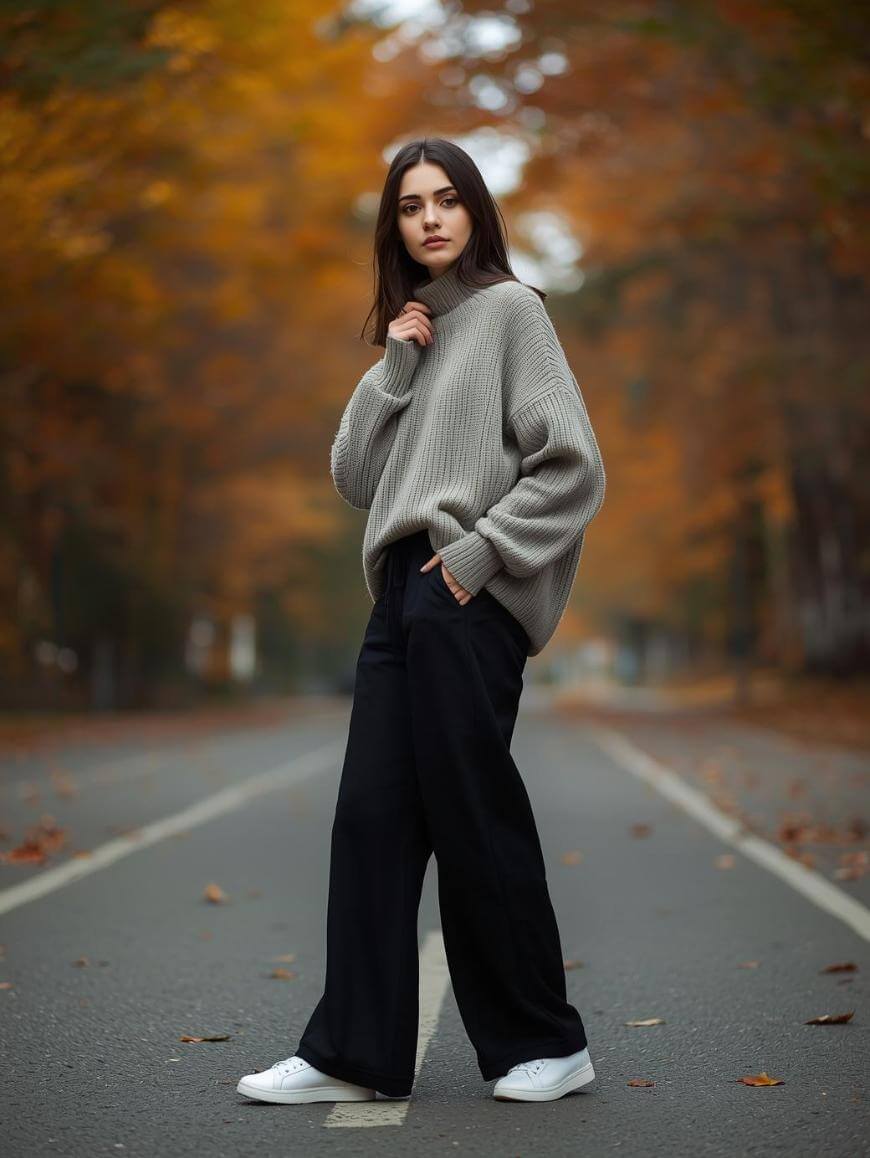 A young woman stands on a tree-lined road in autumn, wearing a loose gray sweater, black wide-leg pants, and white sneakers. The background features orange and yellow fall foliage.