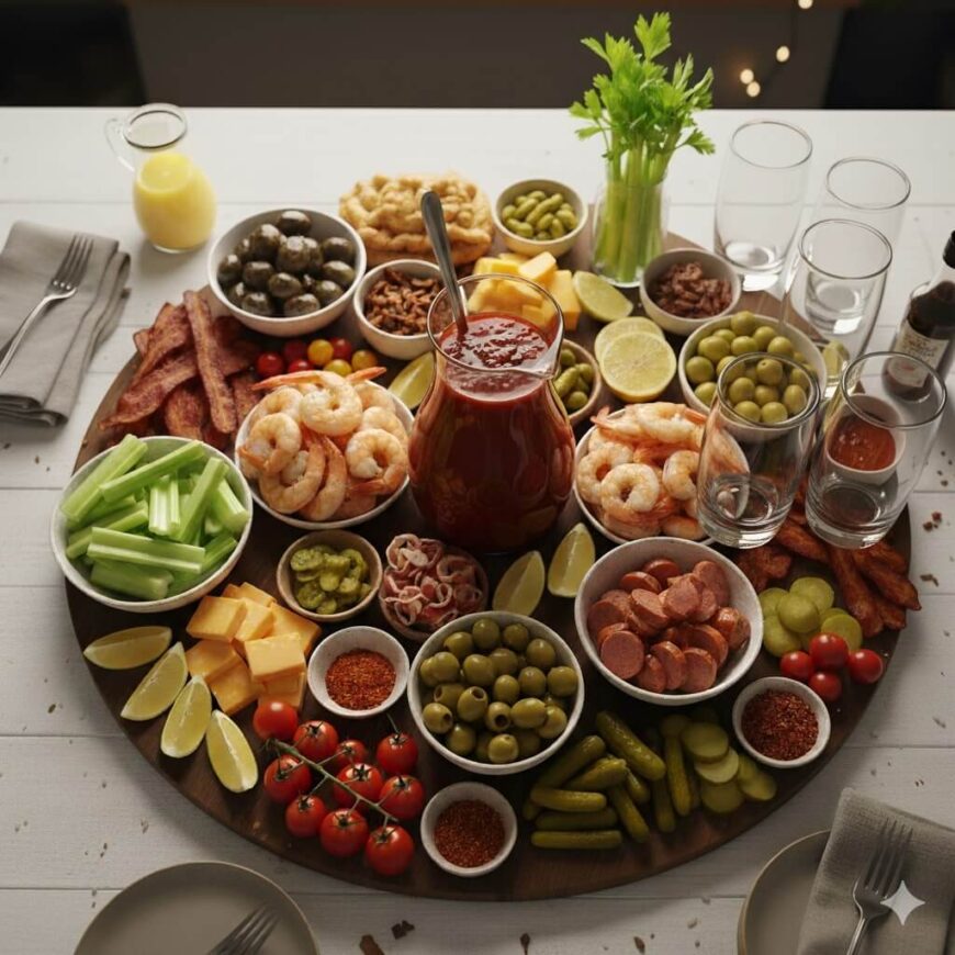 A large round platter filled with shrimp, olives, cheese cubes, celery, sausage, cherry tomatoes, lime wedges, pickles, and spices, with a pitcher of red sauce and glasses on a white table.
