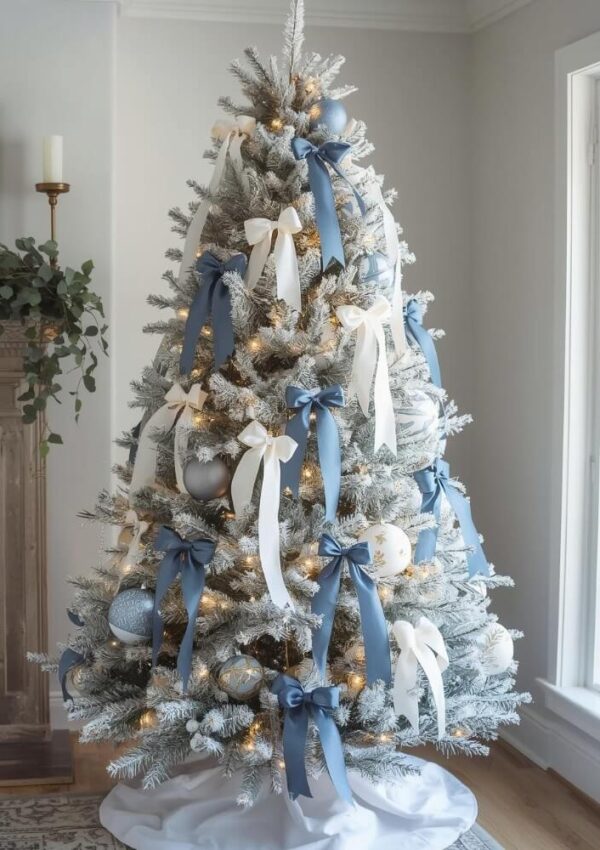 A frosted Christmas tree decorated with large blue and white ribbons, gold ornaments, and warm white lights stands by a window in a bright, cozy living room.