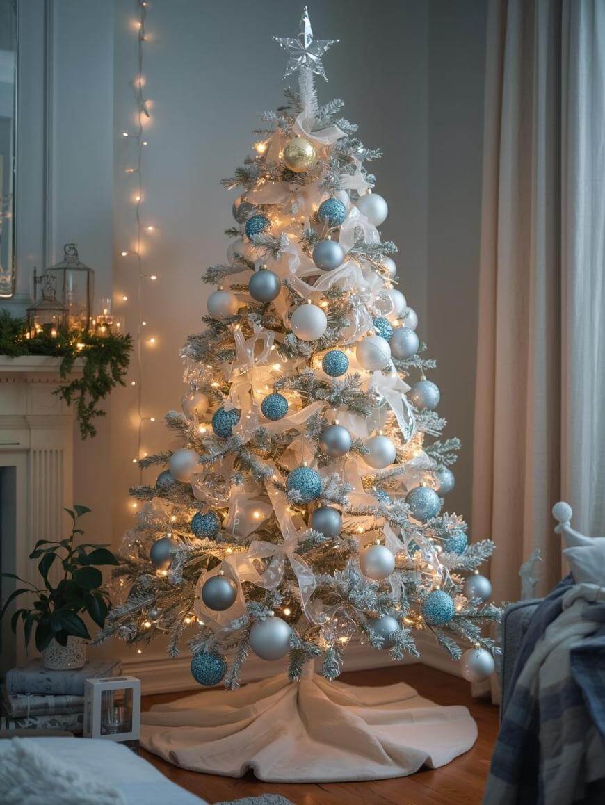A white Christmas tree decorated with blue and silver ornaments, white ribbons, and warm lights stands in a cozy room with fairy lights, a fireplace garland, and wrapped gifts nearby.