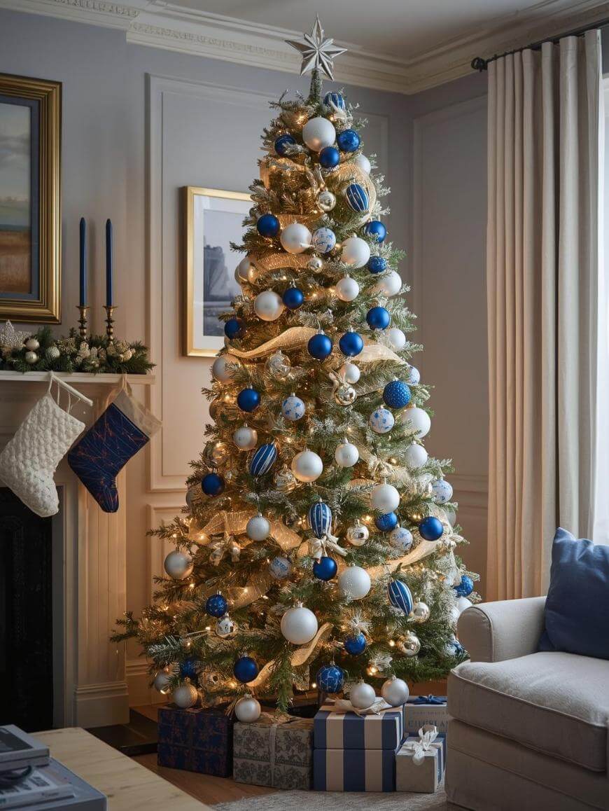 A Christmas tree decorated with blue, white, and gold ornaments stands by a fireplace with stockings. Wrapped gifts in blue and white paper are beneath the tree. The room is softly lit and cozy.