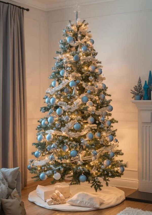 A decorated Christmas tree with white lights and light blue ornaments stands in a cozy living room beside a fireplace, with wrapped gifts underneath and soft curtains by the window.