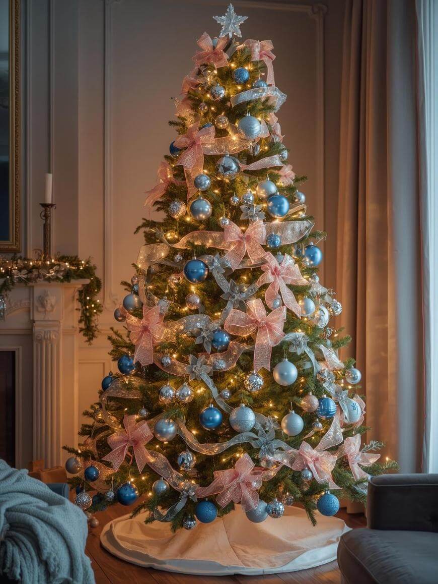 A Christmas tree decorated with pink ribbons, blue and silver ornaments, and warm white lights stands in a cozy living room near a fireplace and large window with beige curtains.