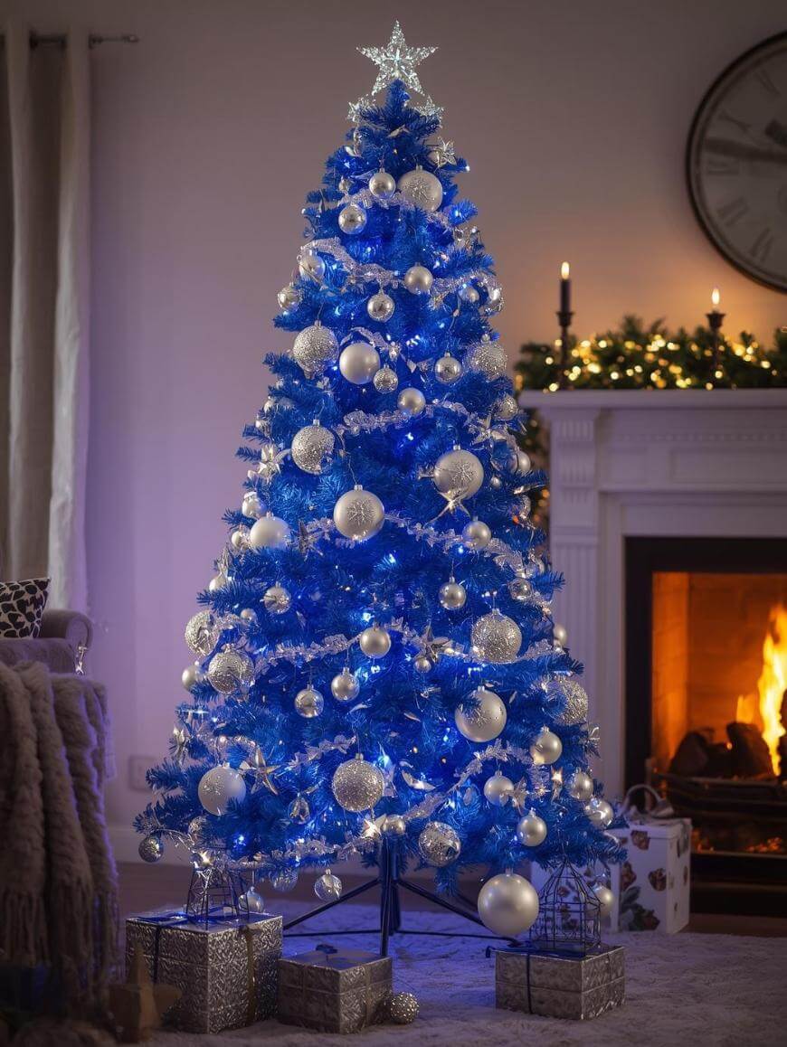 A blue Christmas tree decorated with silver ornaments and a star topper stands near a fireplace with a lit fire. Wrapped presents are placed under the tree, and a garland with lights decorates the mantle.