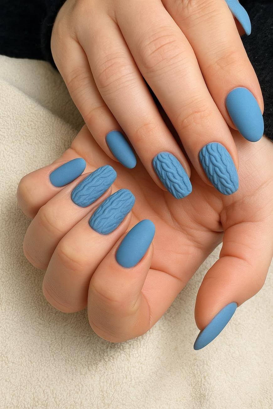 Close-up of hands with matte blue nails, featuring an accent design that mimics a textured, cable-knit sweater pattern on some fingernails. The background is a soft, beige fabric.