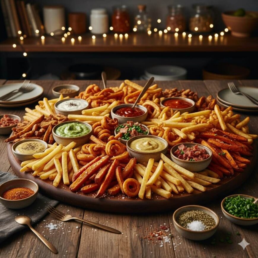 A large round platter filled with assorted fries—curly, straight, crinkle-cut, and sweet potato—surrounding bowls of various dipping sauces, set on a wooden table with plates, cutlery, and festive string lights in the background.