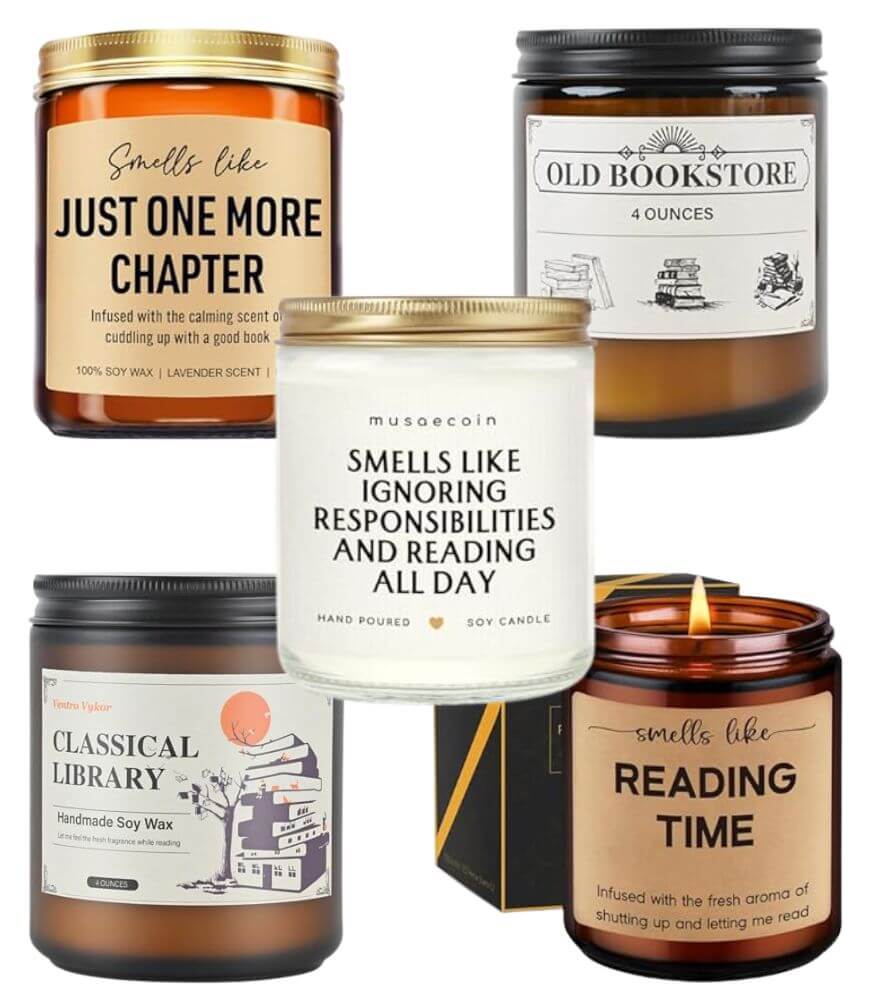 Five book-themed scented candles in glass jars are shown. Each label has clever literary phrases related to reading, such as “Just One More Chapter” and “Smells Like Ignoring Responsibilities and Reading All Day.”.