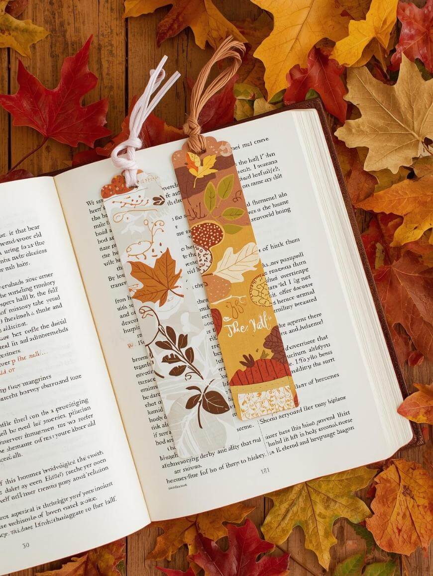 An open book lies on a surface scattered with autumn leaves. Two fall-themed bookmarks, one with white and orange leaves and the other with brown and gold leaves reading “The Fall,” rest on the book’s pages.