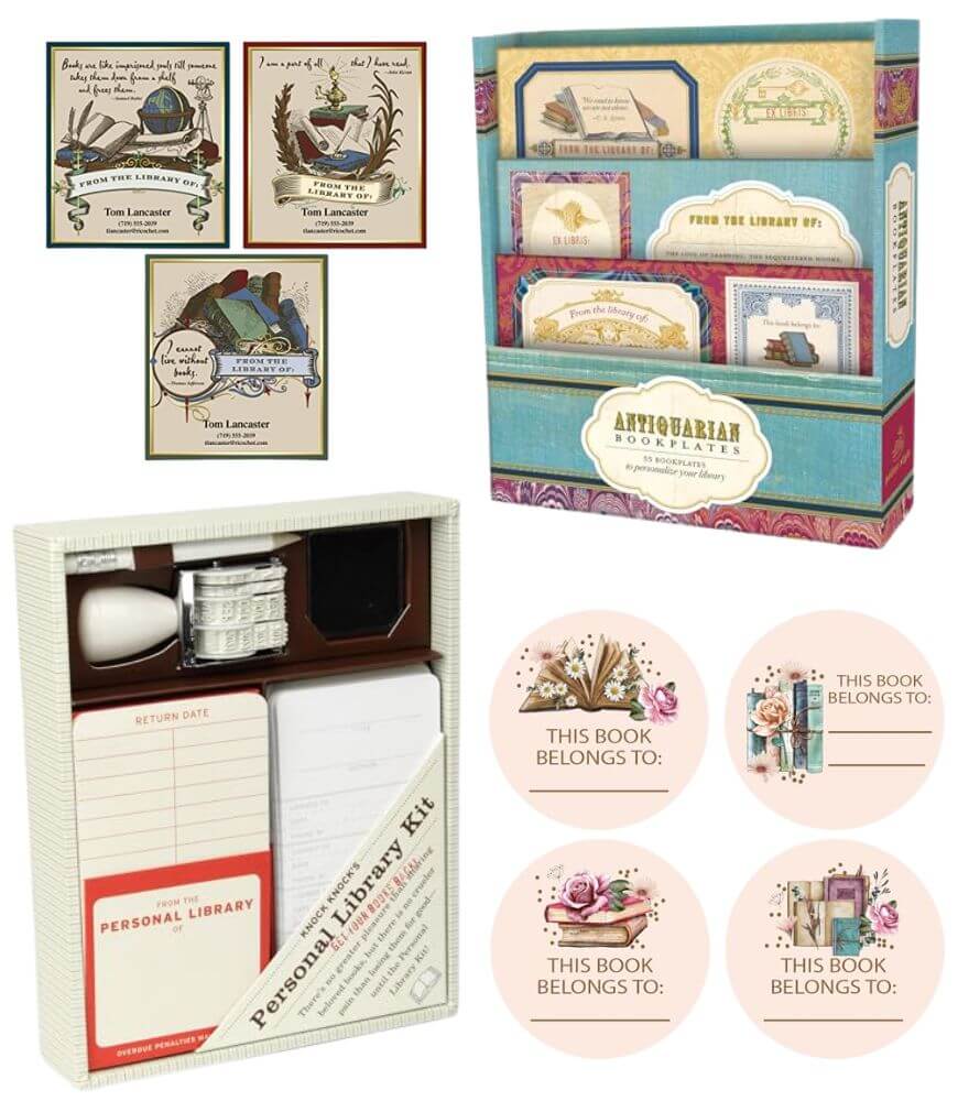 A display of vintage-style personal library kits and bookplates, including ornate labels, floral designs, a bookplate storage box, and a kit with a date stamp, ink pad, and library cards for book borrowing.