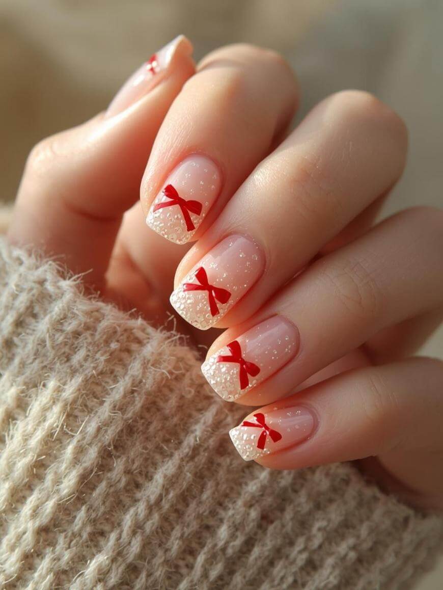 A hand with manicured nails featuring a nude base, white glittery tips, and small red bows on each nail. The person is wearing a beige knit sweater.