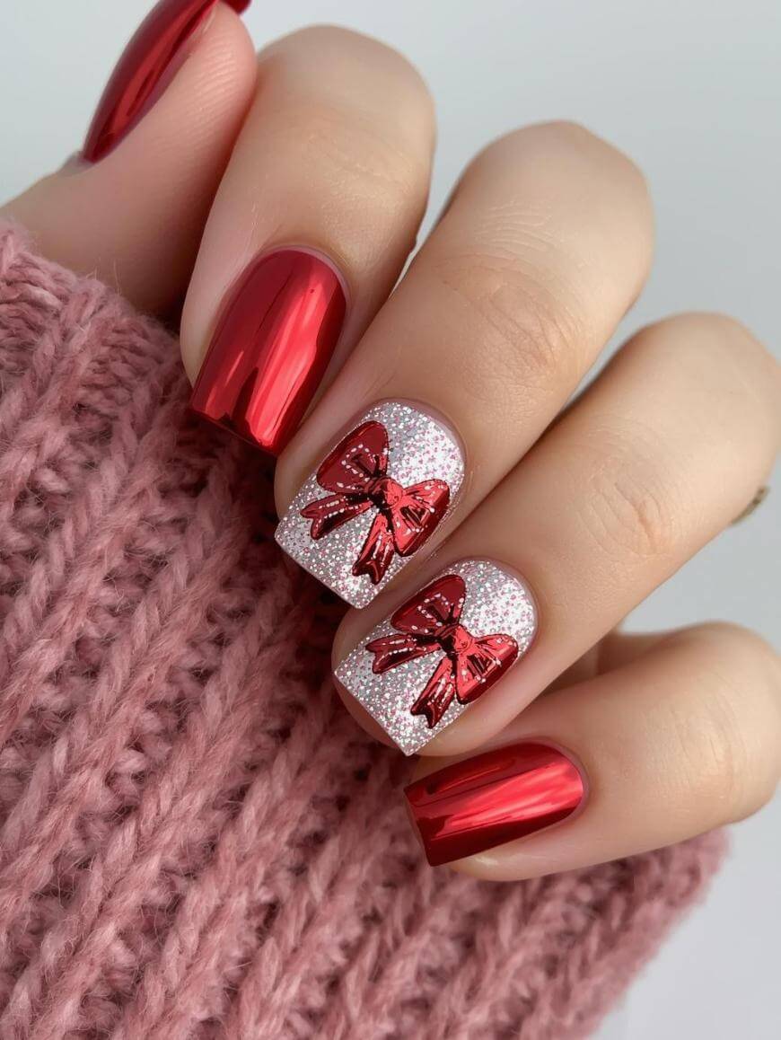 A hand with shiny red metallic nail polish on most nails, and two accent nails featuring glittery white polish with red bow designs. The person is wearing a pink knitted sweater.