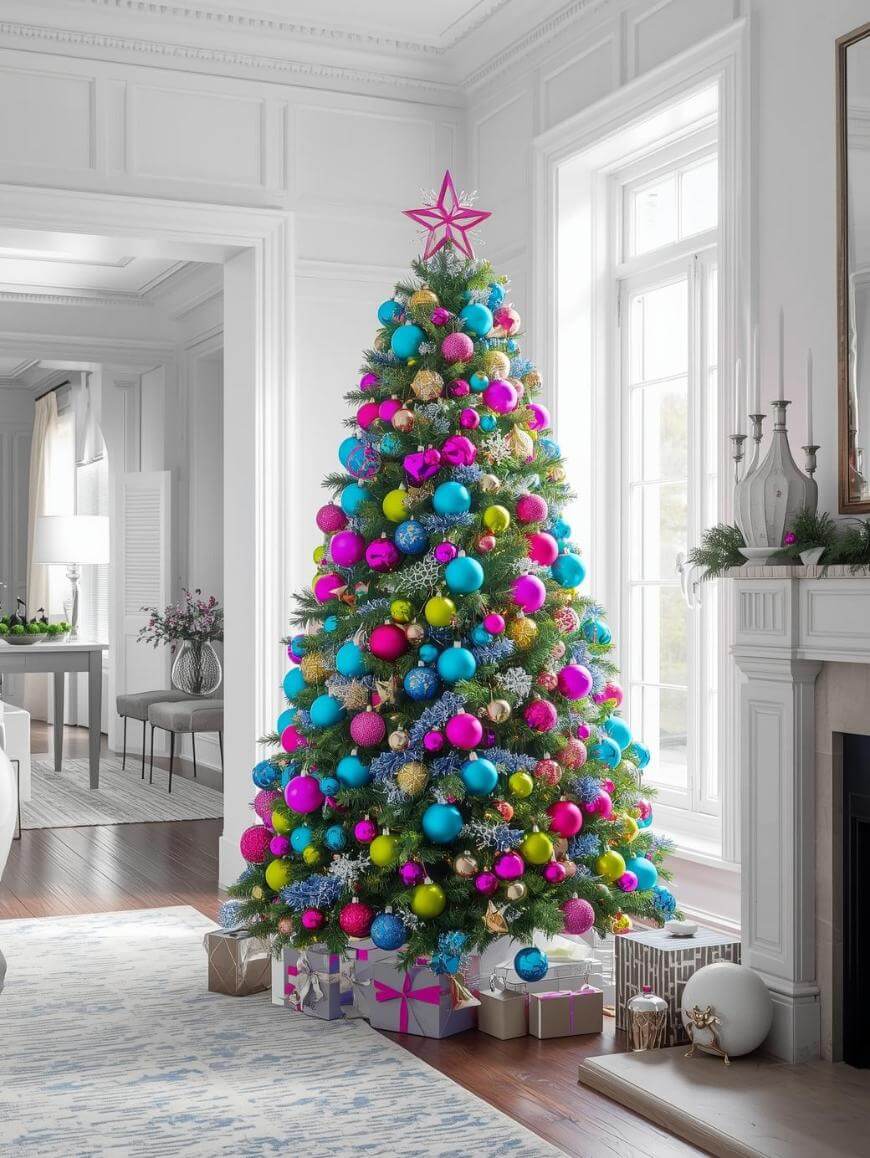 A Christmas tree decorated with bright pink, blue, and green ornaments stands by a bright window in a white living room, with wrapped gifts underneath and a pink star topper.