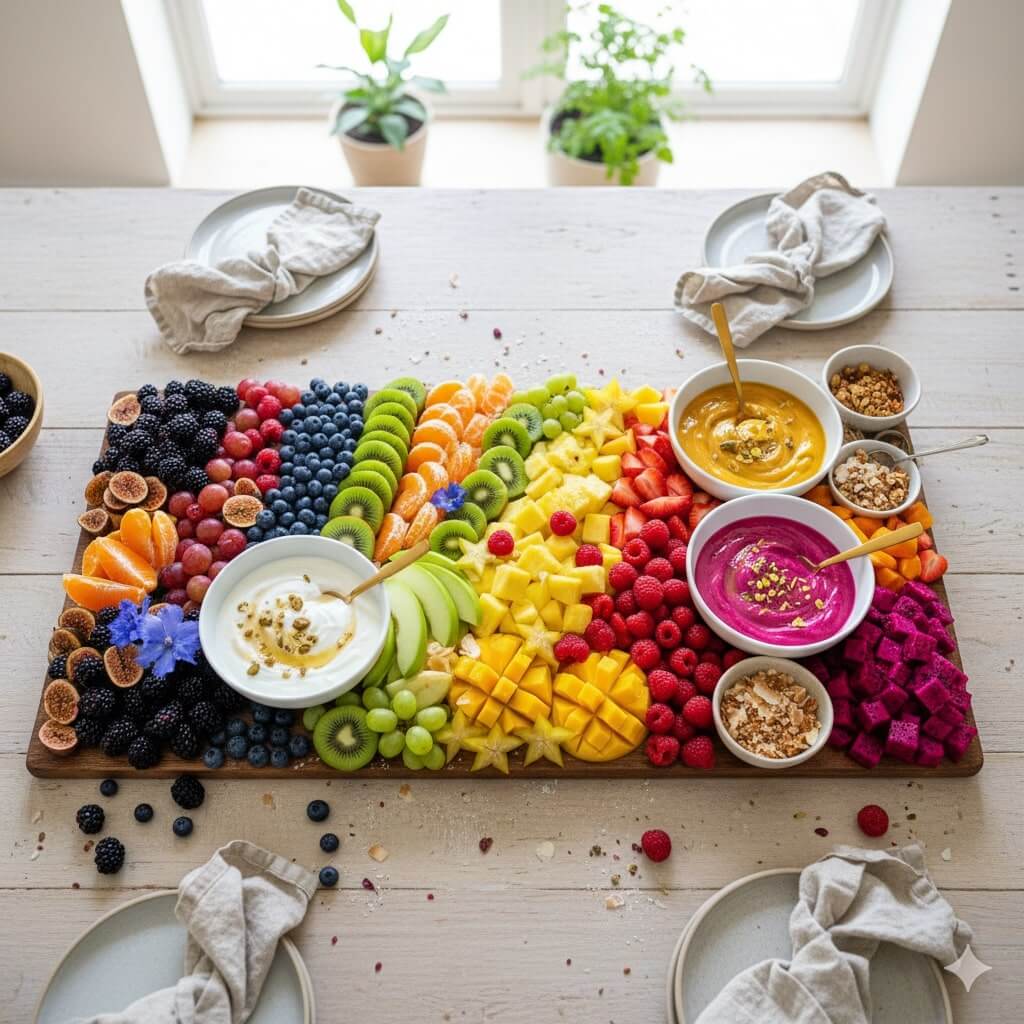 A colorful fruit platter with sliced kiwis, oranges, apples, mangoes, berries, figs, grapes, dragon fruit, and small bowls of dips and nuts, set on a wooden table with plates and napkins around it.