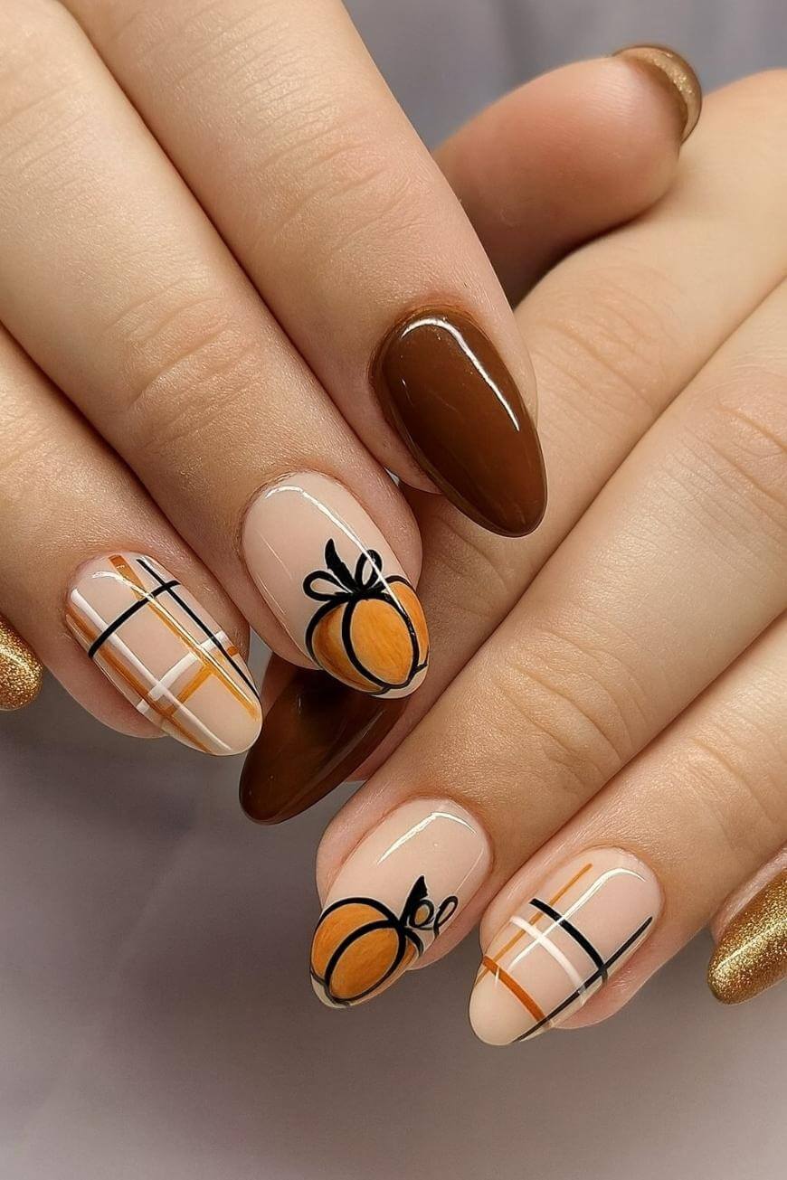 Close-up of hands with almond-shaped nails featuring fall-themed nail art: brown polish, orange pumpkins, and black, white, and orange plaid designs on a nude base.