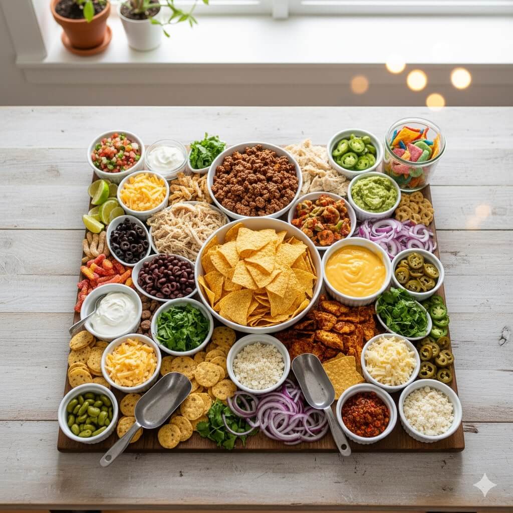 A large platter on a white table is filled with nacho chips, bowls of queso, taco meat, vegetables, beans, salsa, sour cream, shredded cheese, and toppings arranged neatly around the center.