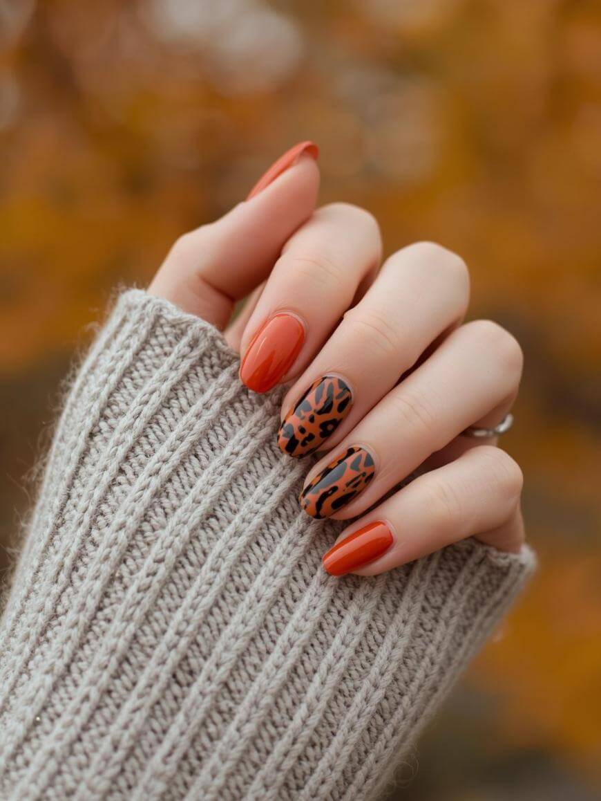 A hand with long, almond-shaped nails painted in burnt orange and leopard print designs, partially covered by a ribbed gray sweater. The background is blurred with autumn-colored foliage.