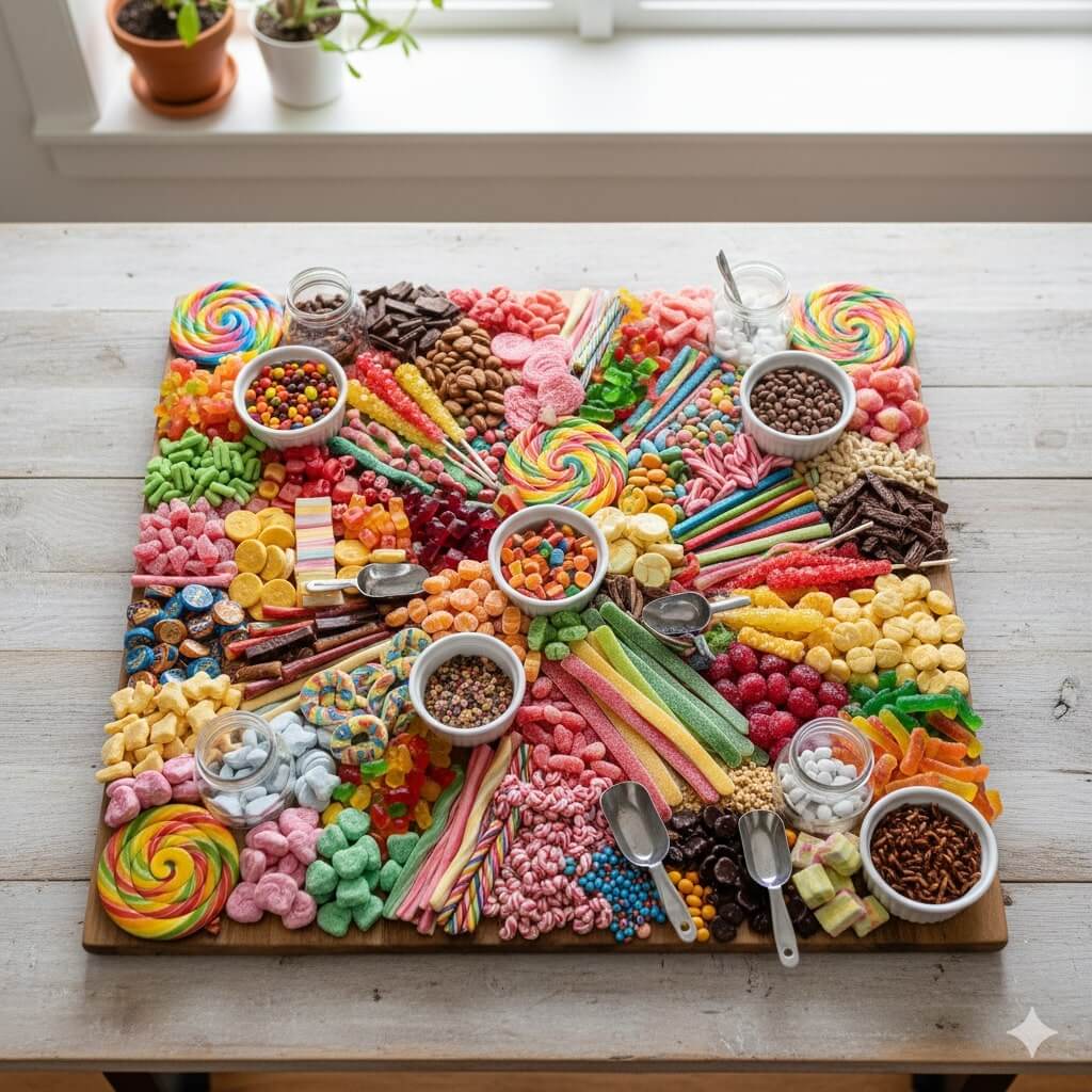 A large wooden board is covered with neatly arranged colorful candies, including lollipops, gummies, licorice, chocolates, and small jars of candy, with scoops placed around the board on a light wooden table.