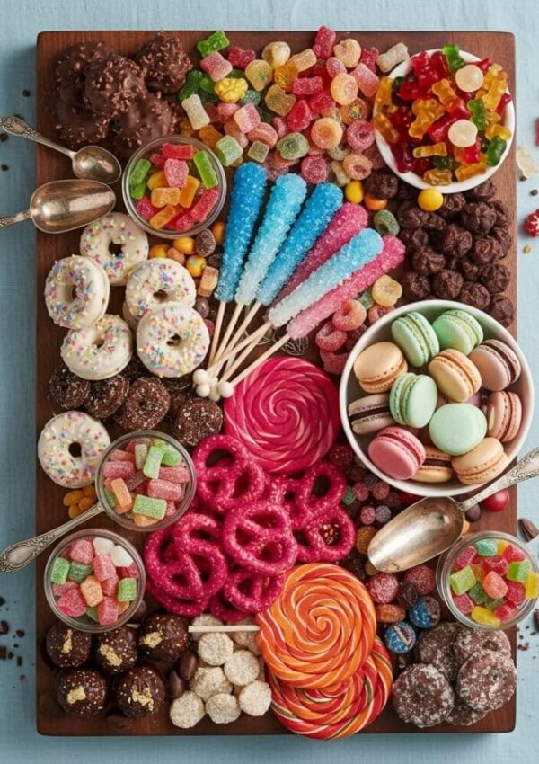 A colorful assortment of candies and sweets arranged on a tray, including macarons, gummy bears, chocolate treats, rock candy sticks, lollipops, coated pretzels, and various gummy and chocolate candies, with silver spoons scattered around.