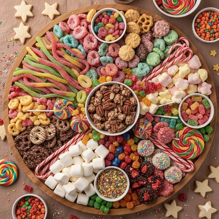 A round platter filled with assorted colorful candies, gummies, marshmallows, cookies, pretzels, sprinkles, and nuts. Various bowls hold small treats, and decorated sugar cookies and candy canes are scattered around the platter.