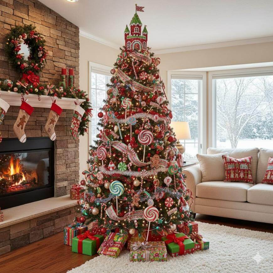 A tall Christmas tree decorated with candy ornaments and ribbon stands in a cozy living room with presents underneath. A fireplace with stockings and wreaths burns beside snow-covered windows and a cream-colored sofa.