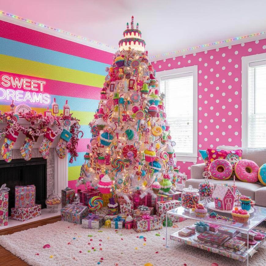 A Christmas tree decorated with colorful candy-themed ornaments stands in a bright pink room with polka dot walls, surrounded by presents, a white couch with donut pillows, and a fireplace decorated with stockings and candy.