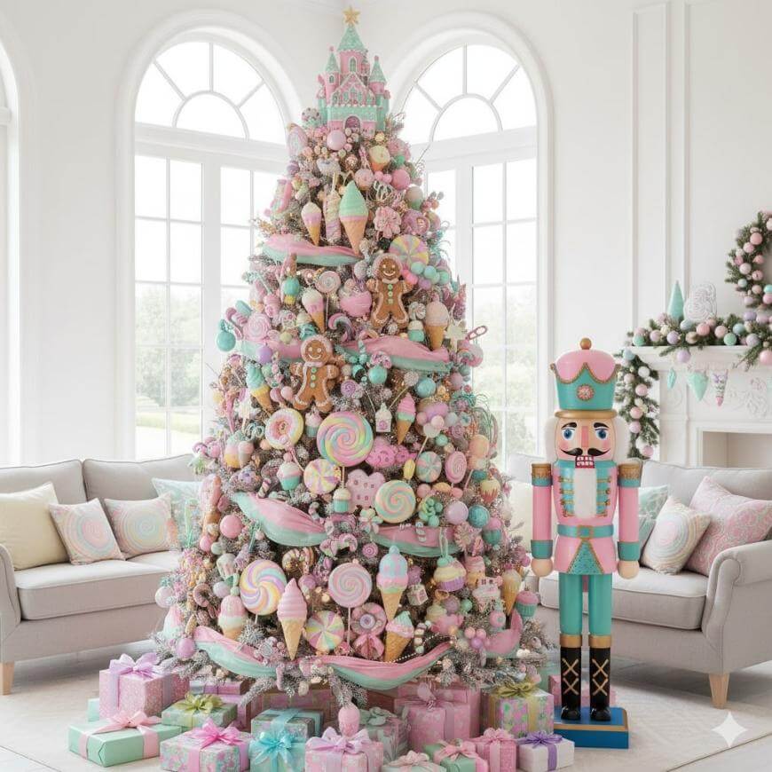 A pastel-themed Christmas tree decorated with candy, ice cream cones, and gingerbread ornaments stands in a bright room. A large nutcracker and pastel-wrapped gifts are nearby, with pastel pillows on sofas in the background.