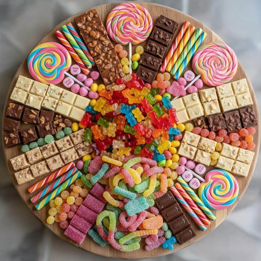 A round wooden platter filled with assorted candies, including chocolate bars, gummy bears, lollipops, candy sticks, licorice, and colorful sour candies, all arranged in a symmetrical, vibrant display.