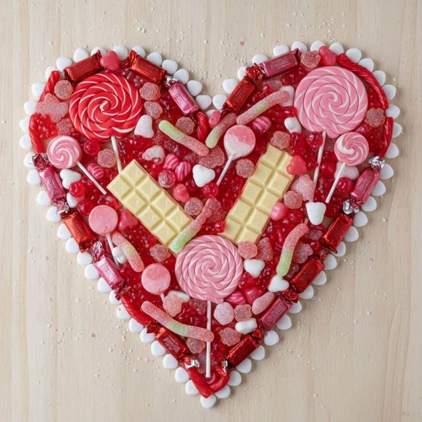 A heart-shaped arrangement of assorted candies, including white chocolate bars, lollipops, jelly beans, gummies, candy sticks, and other sweets in shades of pink, red, and white, displayed on a light wooden surface.