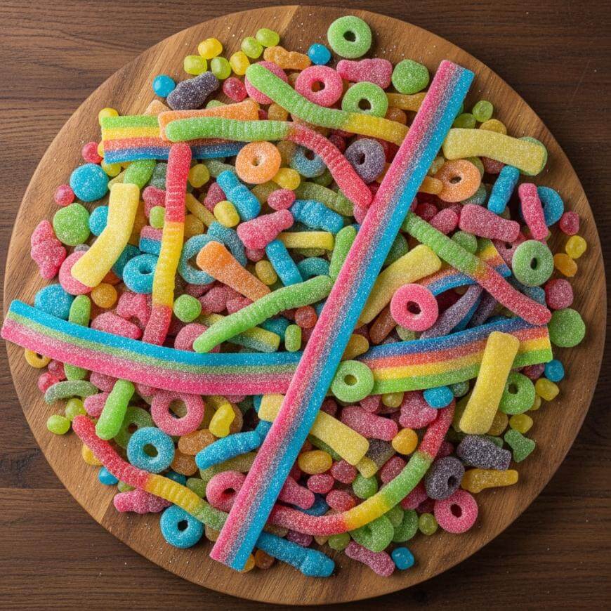A round wooden plate filled with assorted colorful gummy candies, including sour belts, rings, worms, and small chewy pieces, all coated in sugar, displayed on a wooden table.