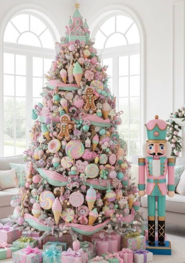 A pastel-themed Christmas tree decorated with candy ornaments, lollipops, ice cream cones, and gingerbread cookies stands by large windows. A large pastel nutcracker and pastel-wrapped gifts sit beside it.