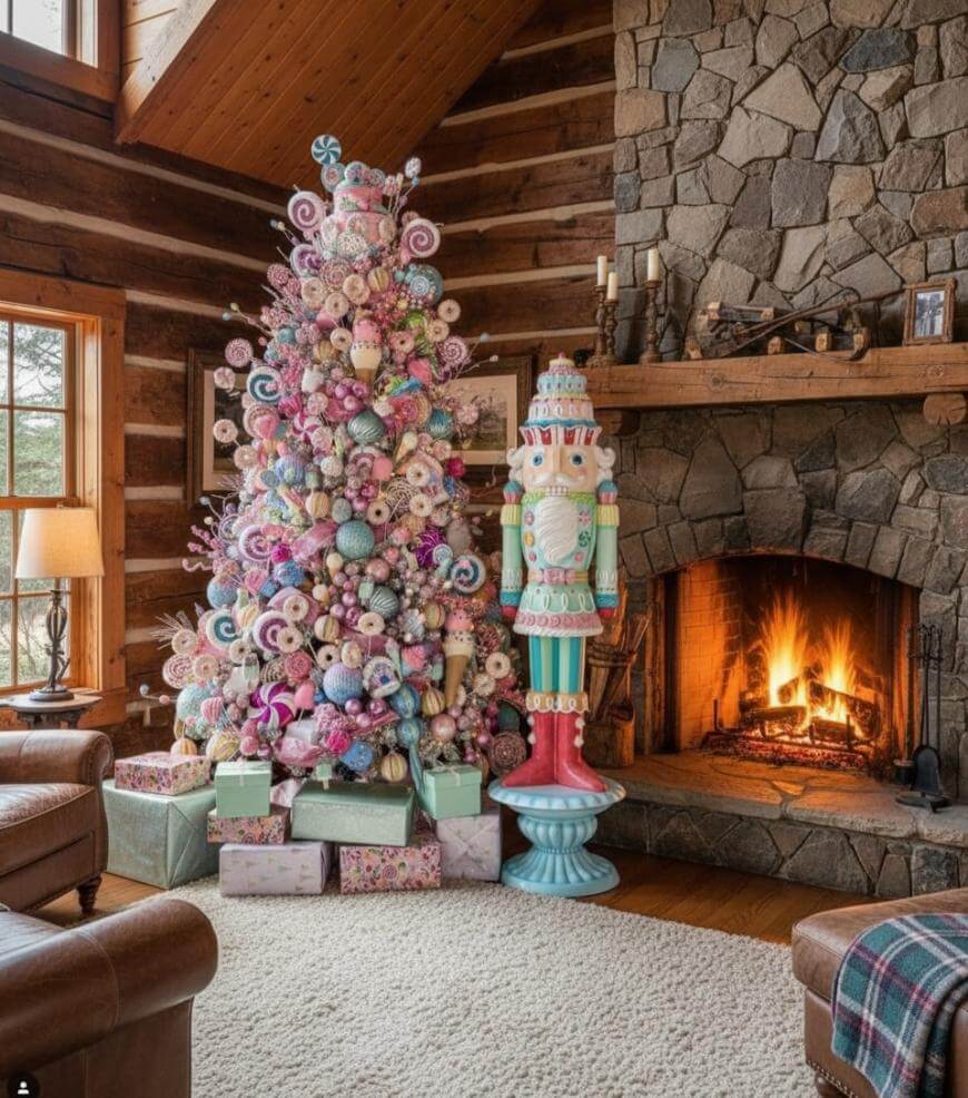 A pastel Christmas tree decorated with candy ornaments stands in a cozy log cabin living room beside a fireplace. A large colorful nutcracker and wrapped presents are arranged next to the tree.