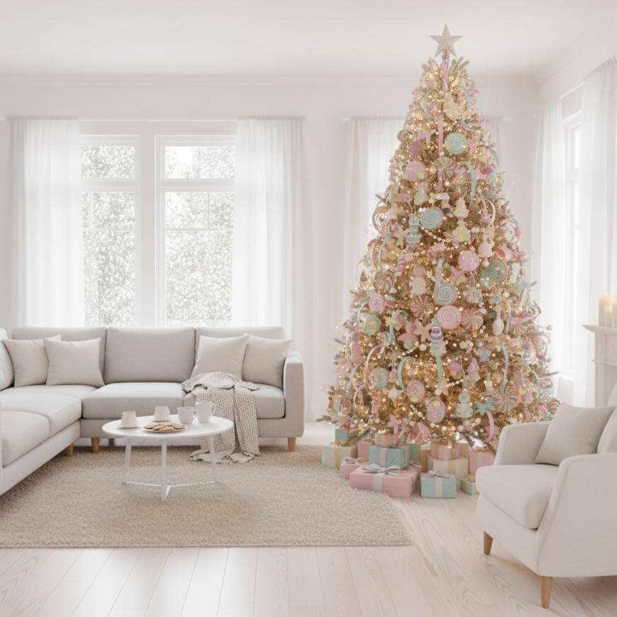 A cozy, bright living room with white furniture and a large Christmas tree decorated with pastel ornaments and lights. Wrapped presents are under the tree, and snow is visible through the windows.