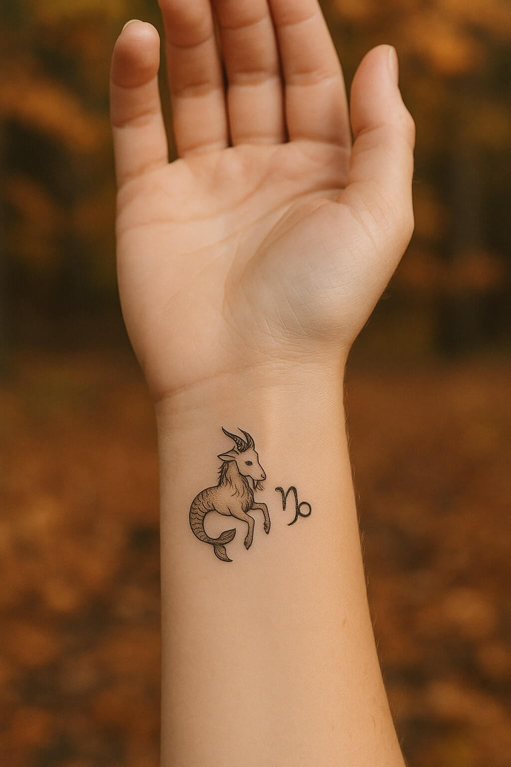 A close-up of a wrist with a tattoo of a goat with a fish tail, symbolizing Capricorn, next to the Capricorn zodiac symbol. The background is blurred with warm, autumn colors.