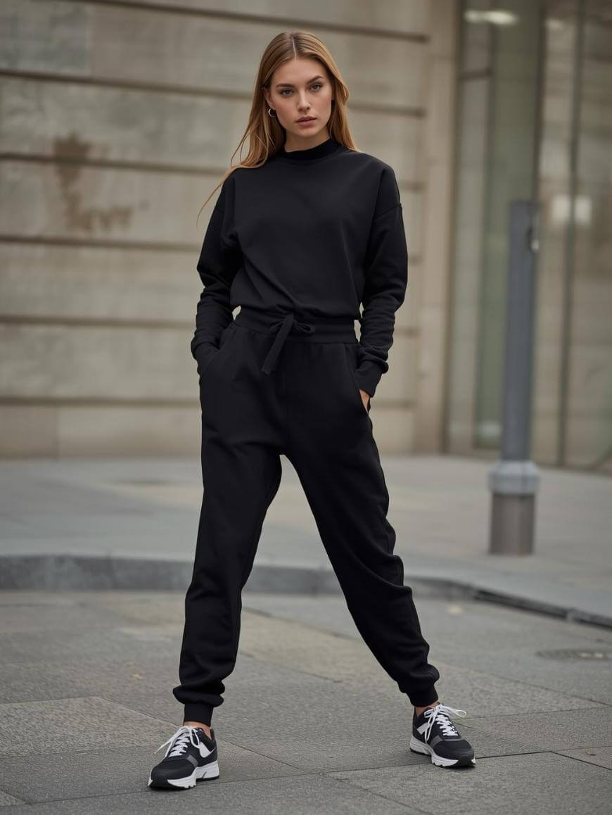 A woman stands outdoors on a city sidewalk, wearing a black long-sleeve top, matching black jogger pants, and black-and-white sneakers, with hands in her pockets and a serious expression.