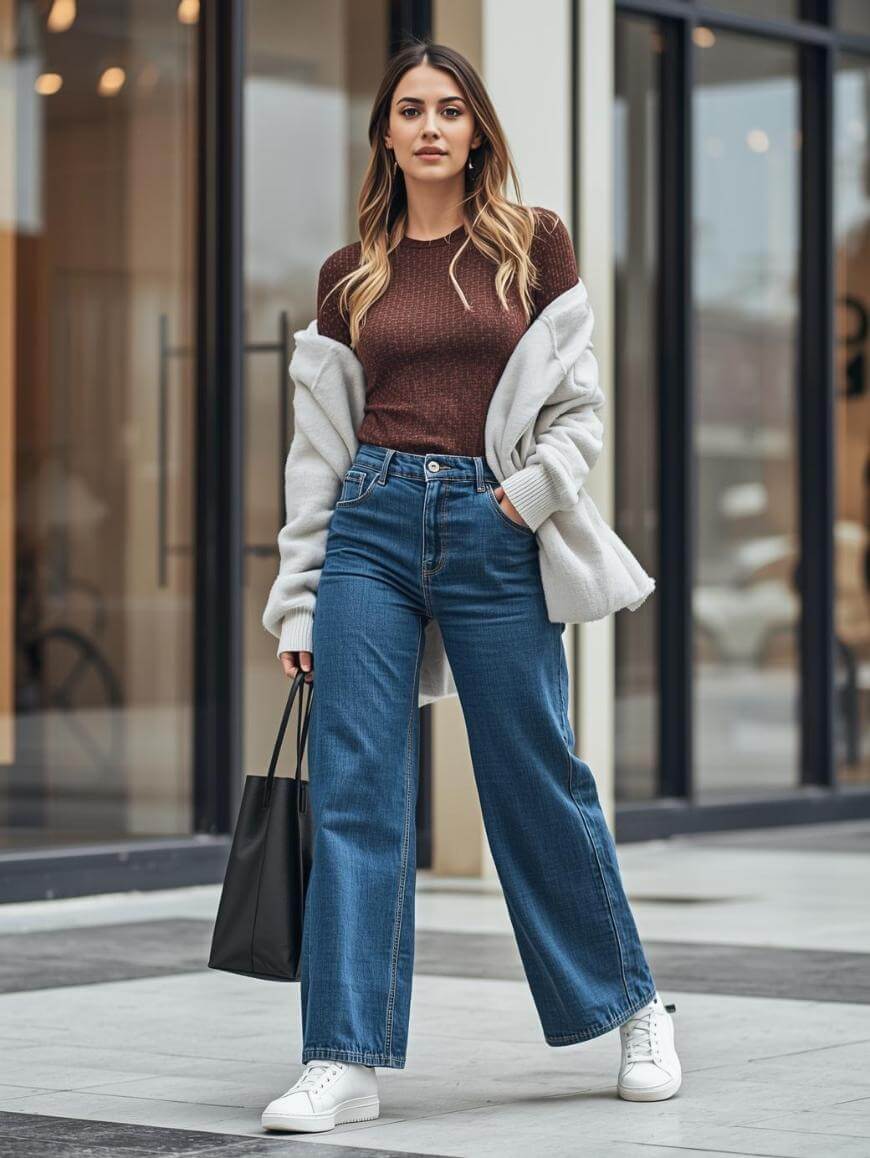 A woman stands outside a modern building wearing a brown ribbed top, light gray cardigan, wide-leg blue jeans, and white sneakers. She carries a black tote bag and has long, wavy hair.