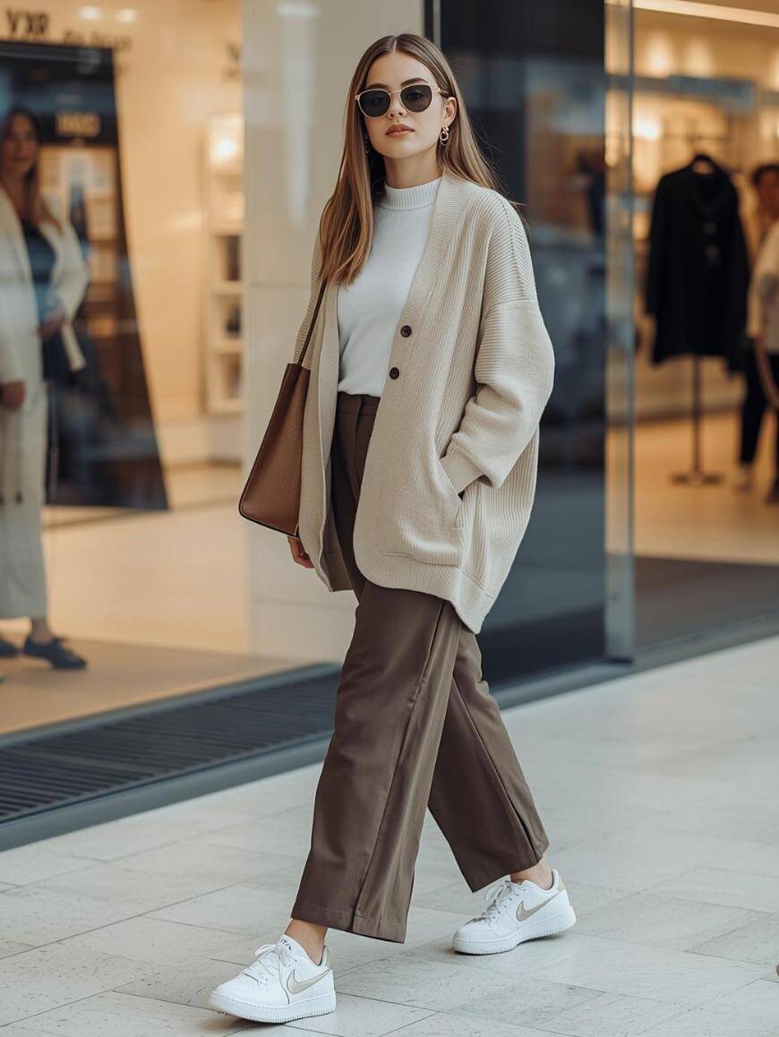 A woman wearing sunglasses, a beige oversized cardigan, white top, brown wide-leg pants, and white sneakers walks confidently outside a modern building, carrying a large brown tote bag.