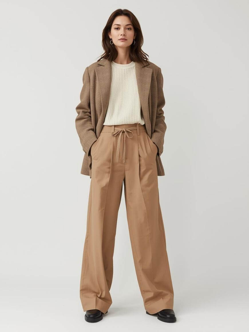 A woman stands against a plain background wearing a brown blazer, a cream sweater, wide-legged tan trousers with a drawstring waist, and black shoes. Her hands are in her pockets and she has a neutral expression.