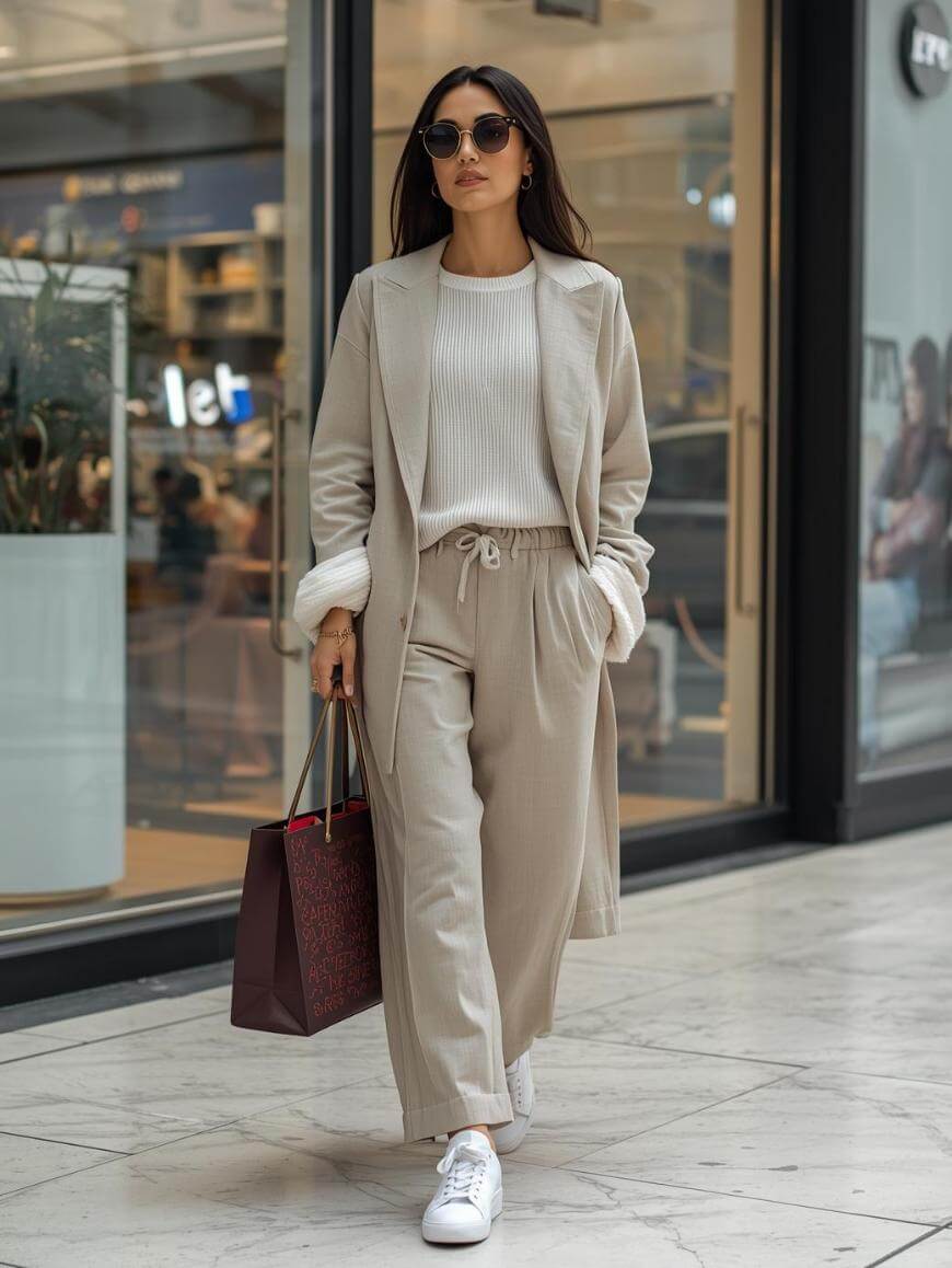 A woman wearing sunglasses, a beige coat, matching pants, and white sneakers walks indoors holding a large dark tote bag. She has long dark hair and appears confident and stylish in a modern shopping mall setting.