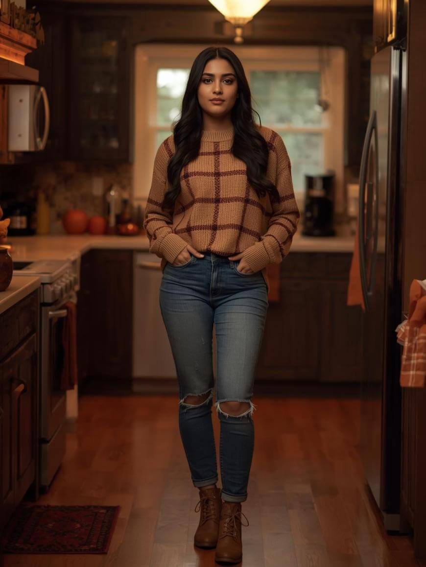 A woman with long dark hair stands in a cozy kitchen, wearing a brown plaid sweater, ripped blue jeans, and brown boots. The kitchen features warm lighting, wooden cabinets, and fall decorations.
