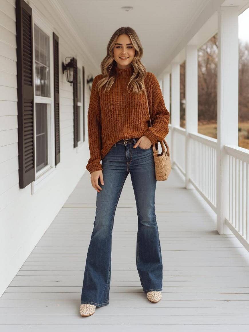 A woman stands on a white porch wearing a brown ribbed sweater, blue flared jeans, woven shoes, and holding a beige textured handbag. She is smiling and has wavy hair, with trees visible in the background.