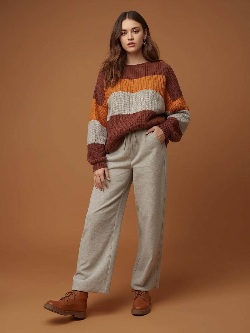 A woman stands against a brown background, wearing a brown, orange, and gray striped sweater, light gray wide-leg pants, and brown boots. She has long wavy hair and a neutral expression, with one hand in her pocket.