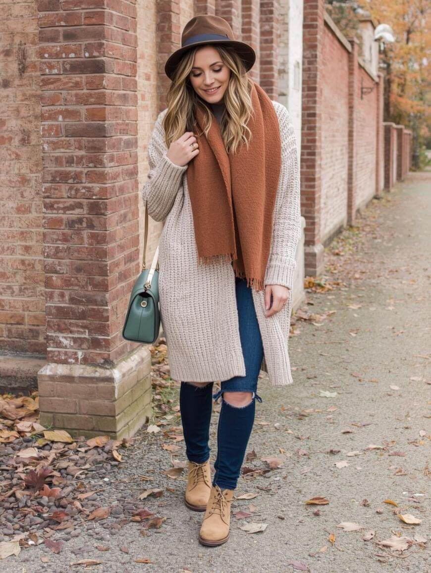 A woman walks outside in autumn wearing a brown hat, tan knit cardigan, rust-colored scarf, blue ripped jeans, tan boots, and carrying a green handbag. Fallen leaves are scattered on the ground beside a brick wall.
