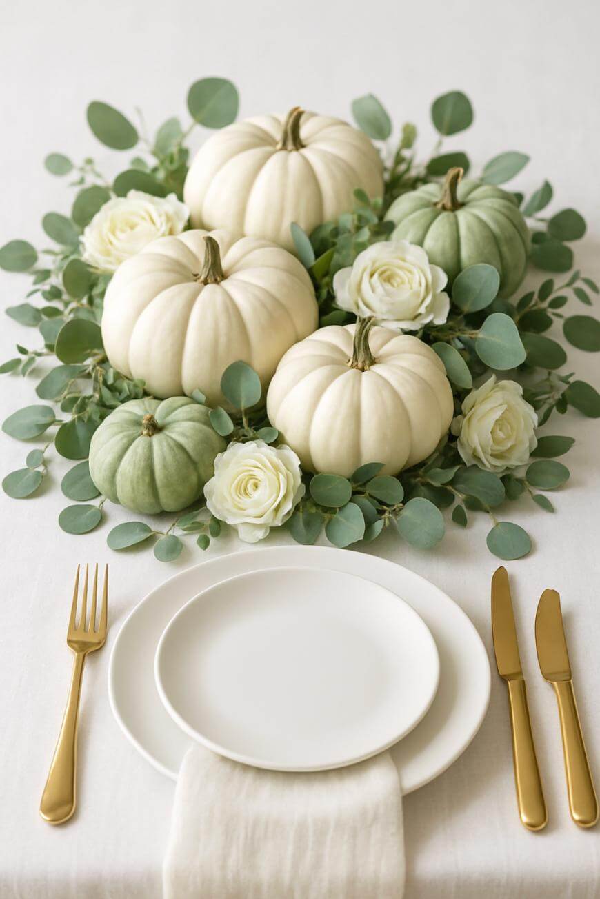 A white table setting with gold cutlery, white plates, and a white napkin. The centerpiece features pale green and white pumpkins, white roses, and eucalyptus leaves.