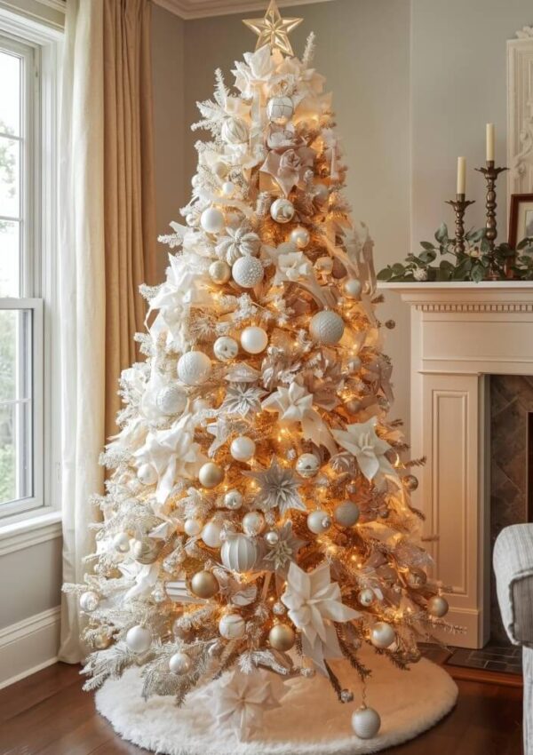 A decorated Christmas tree with white and gold ornaments, white ribbon, and warm white lights stands next to a window and a fireplace in a cozy living room.