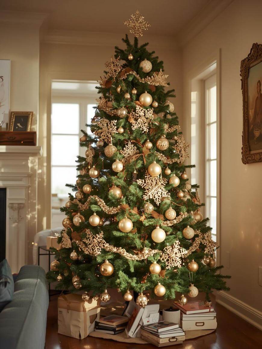 A Christmas tree decorated with gold ornaments, garlands, and snowflake decorations stands in a cozy living room. Wrapped gifts and books are arranged at its base. Sunlight filters in through large windows behind the tree.